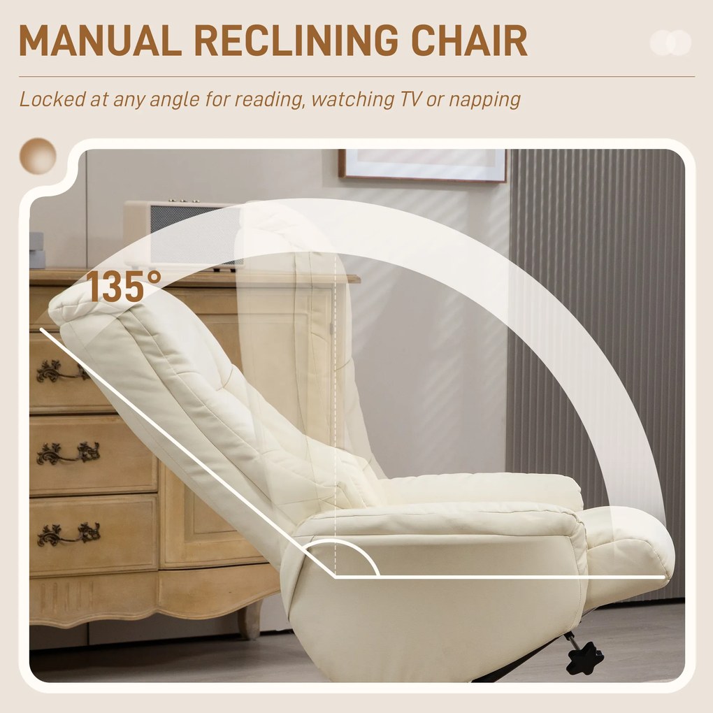 HOMCOM Fotel Wypoczynkowy z Podnóżkiem, Funkcja Leżenia, Pokrycie Skóra Ekologiczna, do 150 kg, 71 x 84 x 102 cm, kolor Kremowy