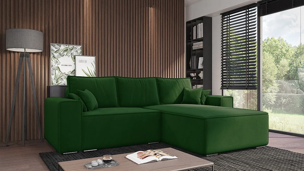 Emporius Lora narożnik rozkładany - narożnik z funkcją spania i pojemnikiem - nowoczesny styl, prawostronny, tkanina aksamitna, zielony (Amor Velvet 4311)