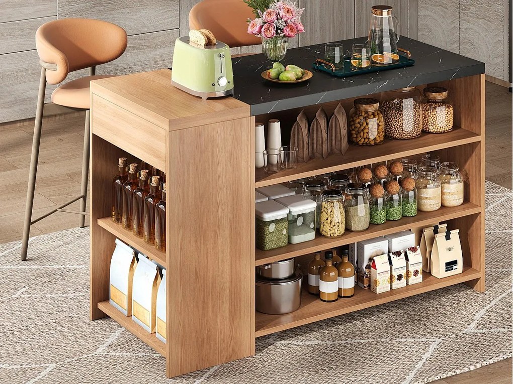 Centralna wyspa kuchenna - z 1 szufladą - duże miejsce do przechowywania - rysunek drewna i faktura marmuru - Naturalny + Czarny