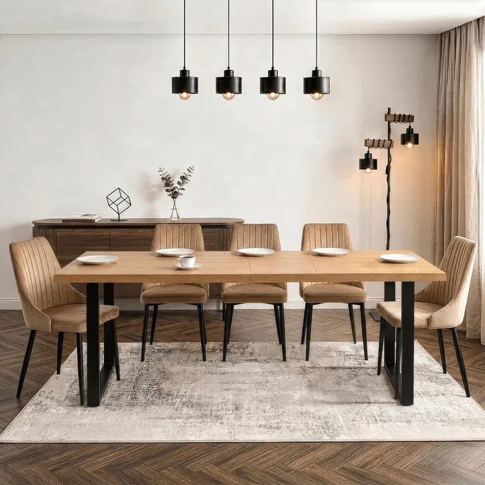 Stół Prostokątny Rozkładany EDWIN 160-260 cm Dąb Złoty/Czarny do Jadalni Nowoczesny Loft