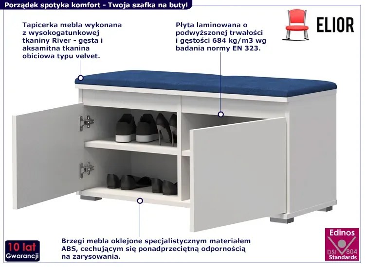 Szafka na buty z siedziskiem do przedpokoju biały + granat Flavio