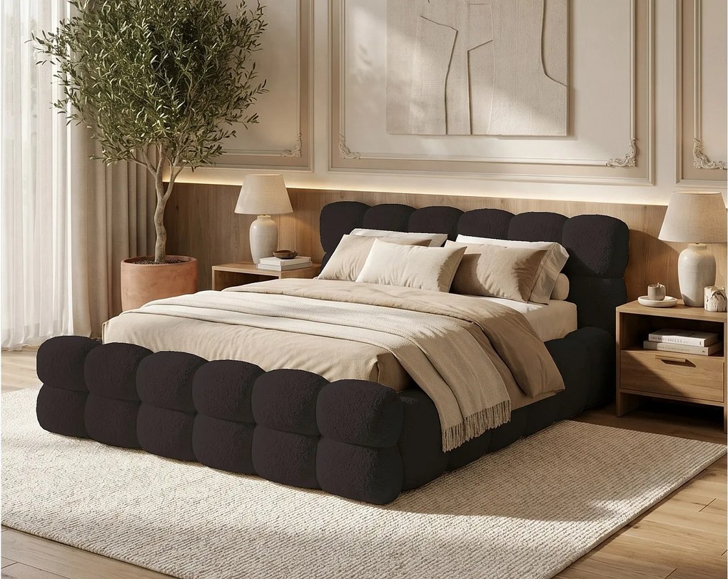 BESILIO Łóżko tapicerowane boucle 180x200 Roma - gruba pianka, pojemnik i stelaż - Czarny