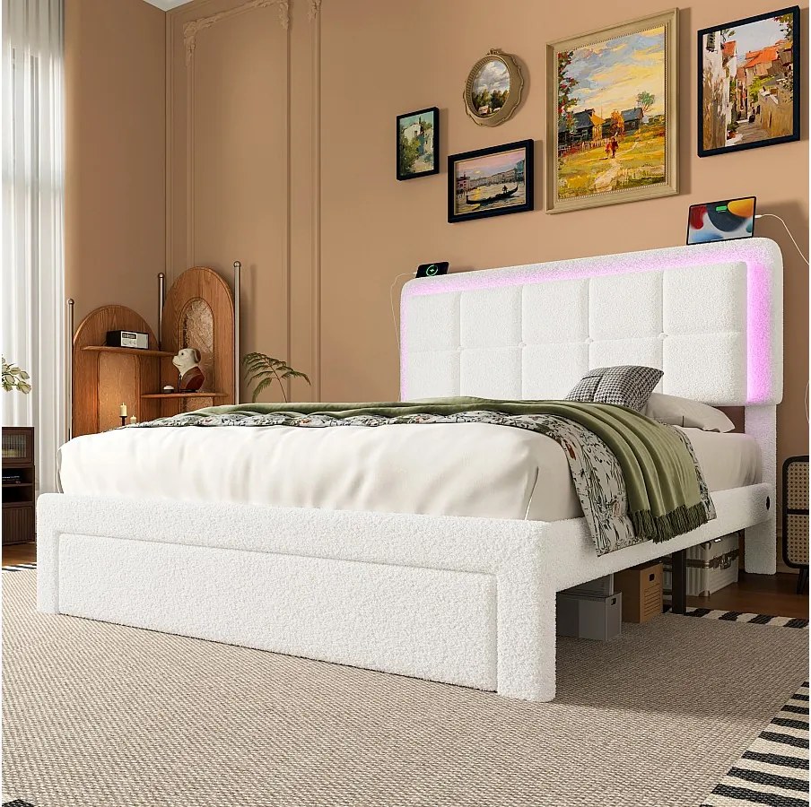 Łóżko dla dorosłych 160 x 200 cm - Łóżko podwójne z ładowaniem USB i oświetleniem LED - 1 szuflada i regulowany zagłówek - białe