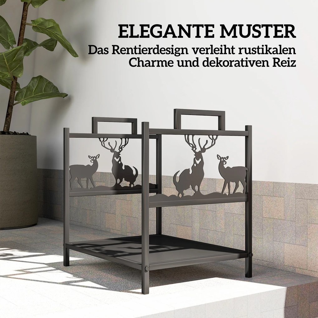 Outsunny Regał na drewno opałowe do wnętrz 42,5 x 33,5 x 43 cm z designem renifera, metalowy regał w kolorze czarnym