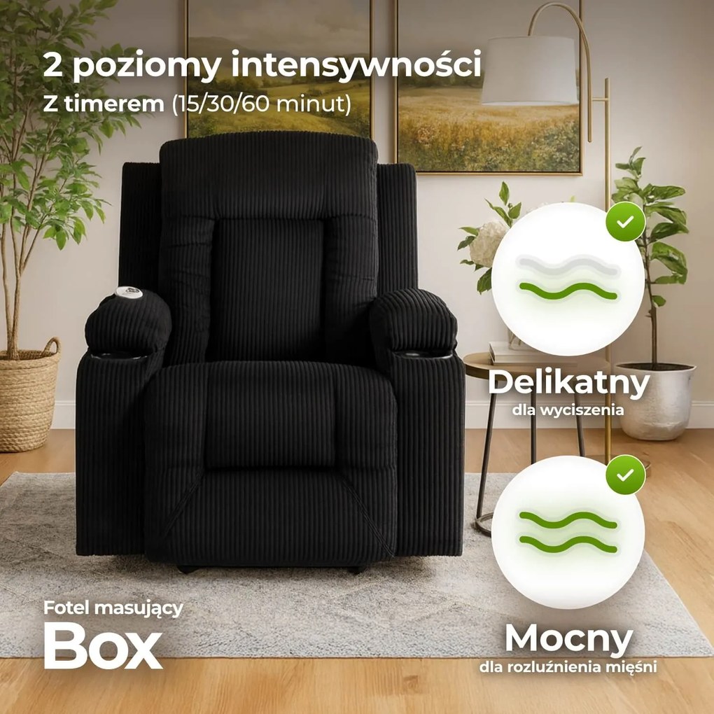 Fotel Masujący BOX Rozkładany Wypoczynkowy z Podnóżkiem Czarny Sztruksowy Nowoczesny