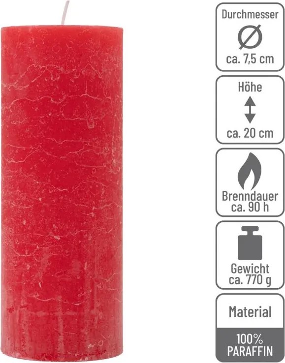 Zestaw świec rustykalnych, 20 cm, Ø 7,5 cm, czerwony, 2 szt.