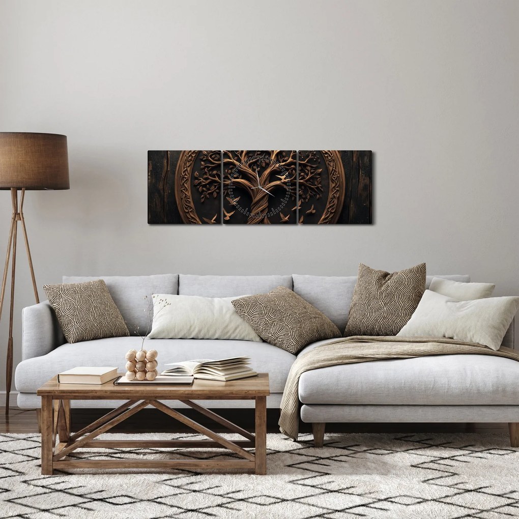 Obraz – Drewniane drzewo życia (z zegarem) (90x30 cm)
