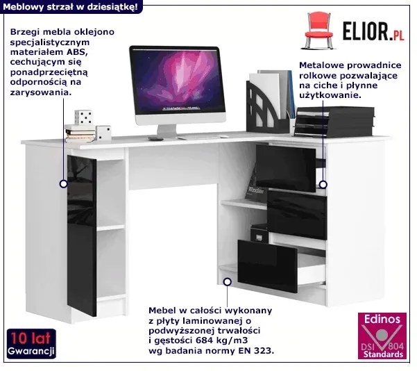 Biurko duże narożne komputerowe biały + czarny połysk prawostronne G0-K60