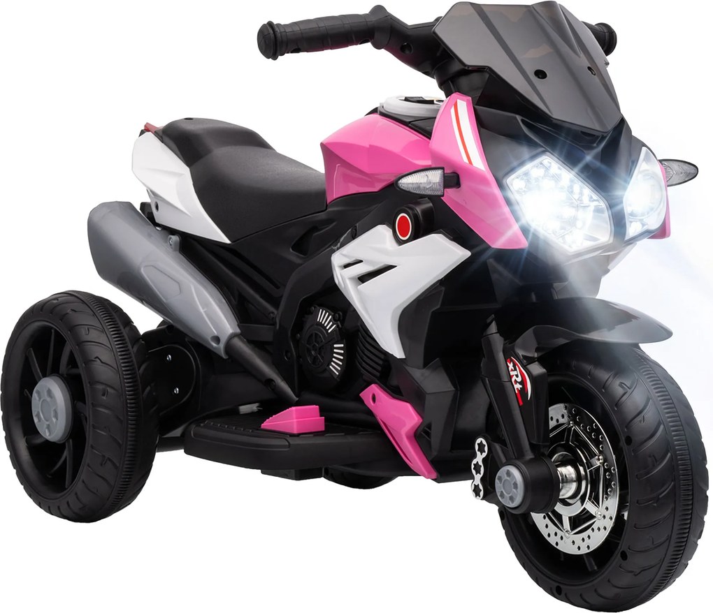 HOMCOM Elektryczny motocykl dziecięcy, światła i dźwięki, 3 km/h, akumulatorowy, tworzywo sztuczne i metal, Różowy/Biały | Aosom PL