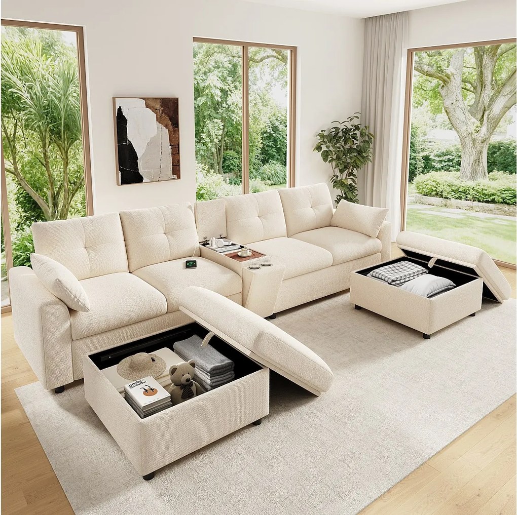 Panoramiczna sofa w kształcie litery U z podwójnym szezlongiem, schowkiem i regulowanym oparciem - Chenille - 300 x 150 x 85 cm - Szara