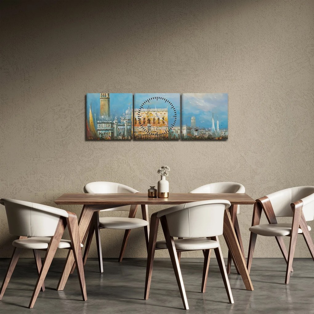 Obraz - Gondola przejeżdżająca przez Wenecję, obraz olejny (z zegarem) (90x30 cm)