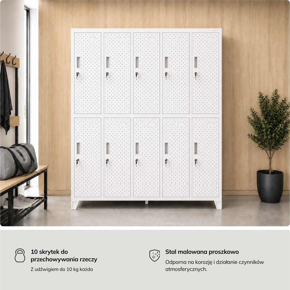 Szafka BHP ubraniowa, skrytkowa, perforowana, 10 skrytek, biała, 1360x1720x450 mm: BARTEK PRO