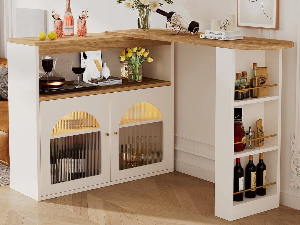 Obrotowa szafka barowa - 2 drzwi, 3 półki do przechowywania i wnęka - blat MDF imitujący drewno - diody LED - naturalny i biały