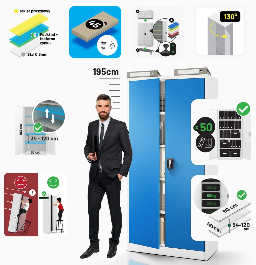 Szafa na dokumenty biurowa metalowa szaro-niebieska: JAN H, 900 x 1950 x 400 mm