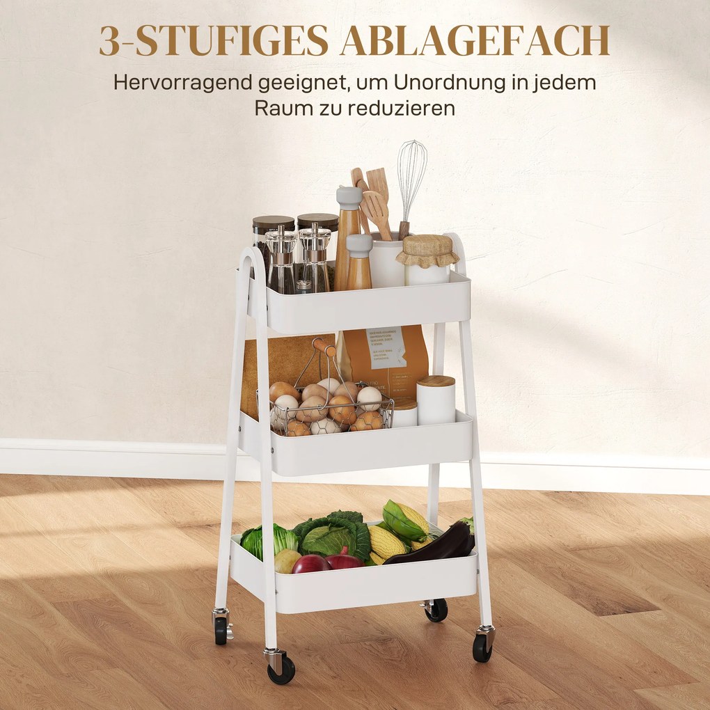 HOMCOM Wózek Serwisowy z 3 Poziomami na Kółkach z Uchwytem i Hamulcem do Kuchni, Biura, Łazienki, Biały