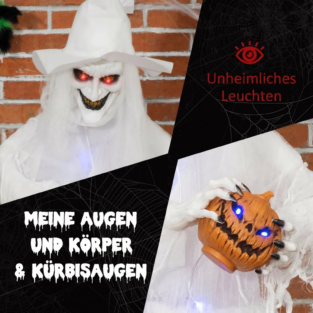 Outsunny 189 cm Biała czarownica z głową dyni, dekoracja halloweenowa na zewnątrz w naturalnej wielkości | Aosom PL