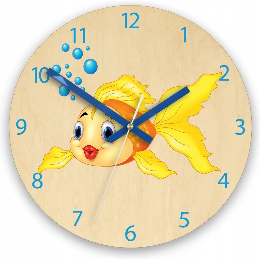 Zegar ścienny cichy do pokoju dziecięcego drewniany nowoczesny złota rybka