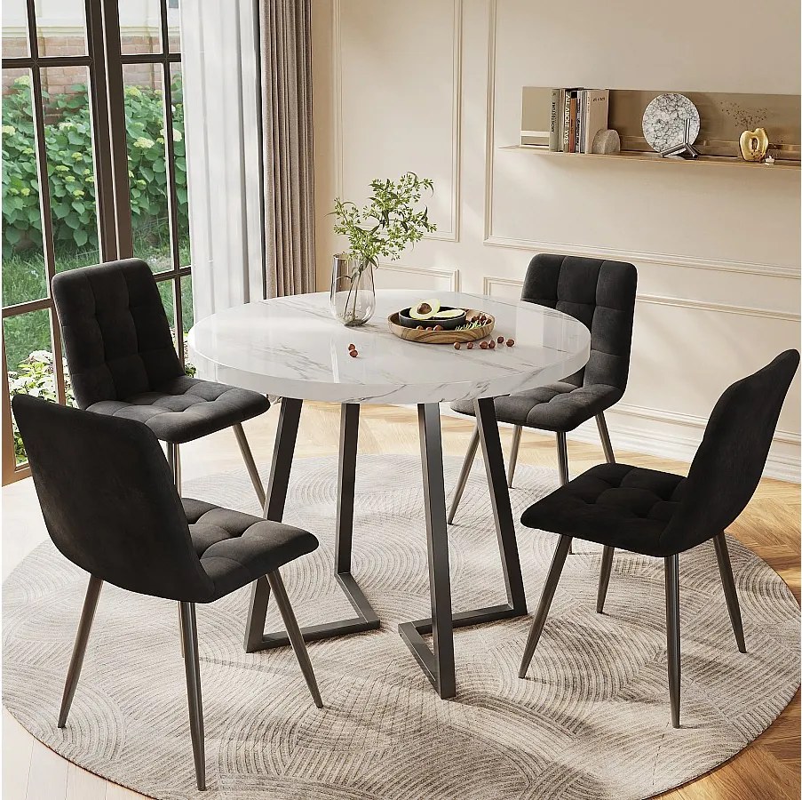 Zestaw stołowy do jadalni - 80 x 58,7 x 75 cm - 1 stół z 4 krzesłami - nogi metalowe czarne - Aksamit + metal + MDF - biały + czarny