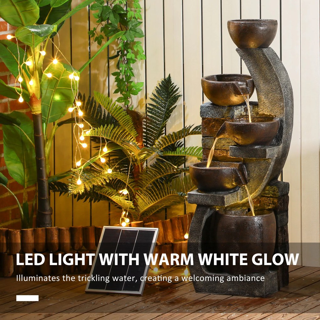 Outsunny Fontanna Ogrodowa, Styl Ceglanym, 5-stopniowa, Zasilana Słonecznie, Diodami LED, 107cm, Żywica Syntetyczna, Szary/Brąz
