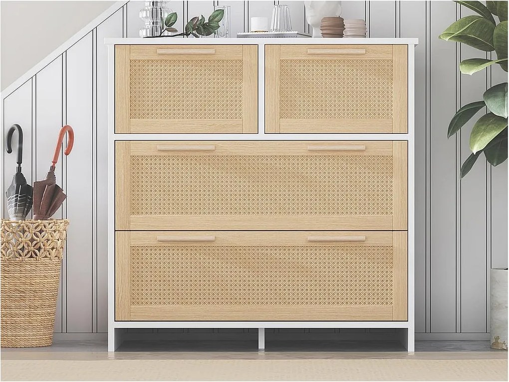 Barek rattanowy - 4 szuflady z uchwytami z litego drewna - Naturalny i Biały