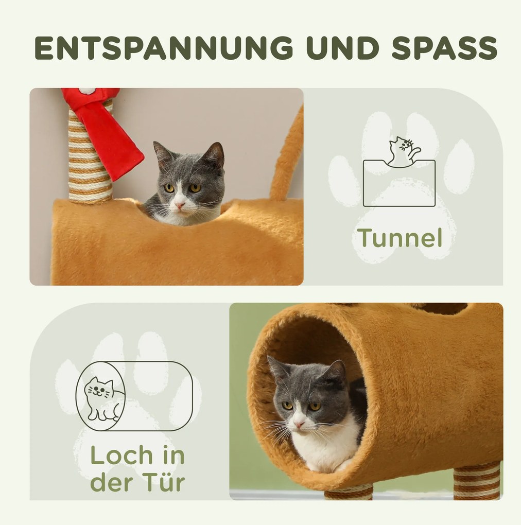 PawHut Drapak 98 cm Wzór Jelenia z Jaskinią, Piłką i Słupkami z Juty, Brązowy