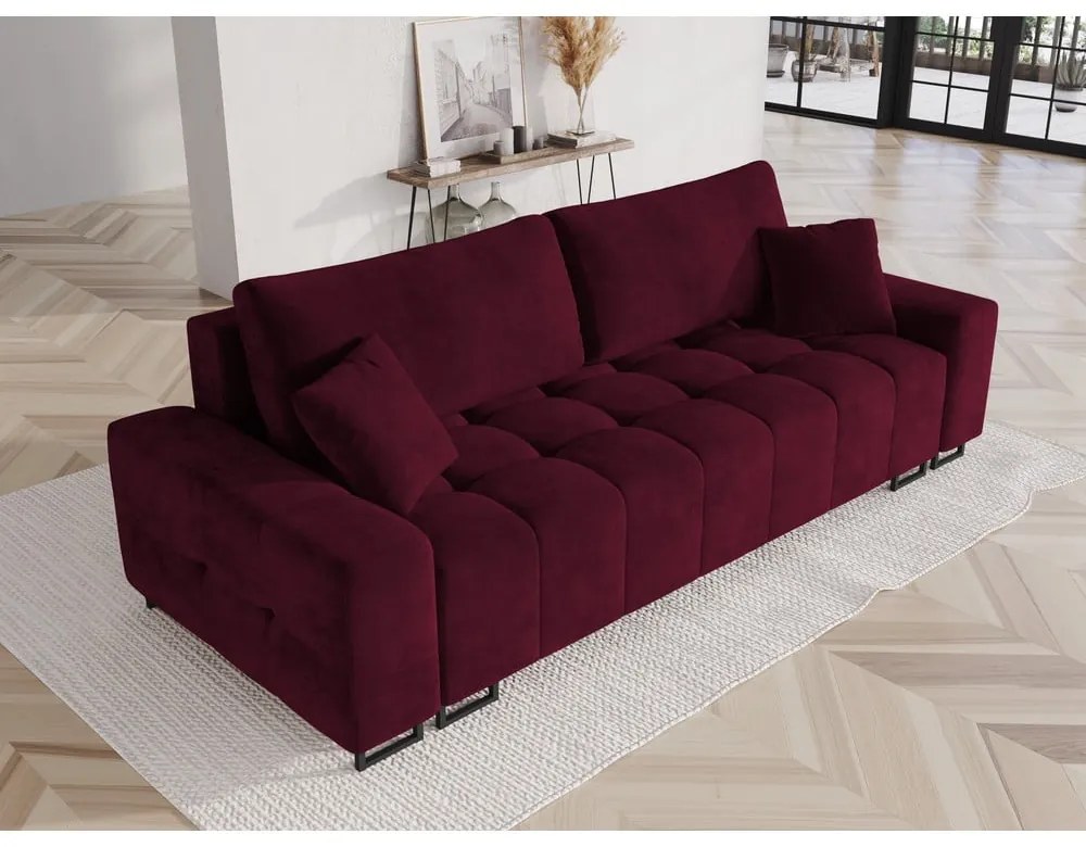 Bordowa aksamitna rozkładana sofa ze schowkiem 250 cm Wicklow – Cosmopolitan Design