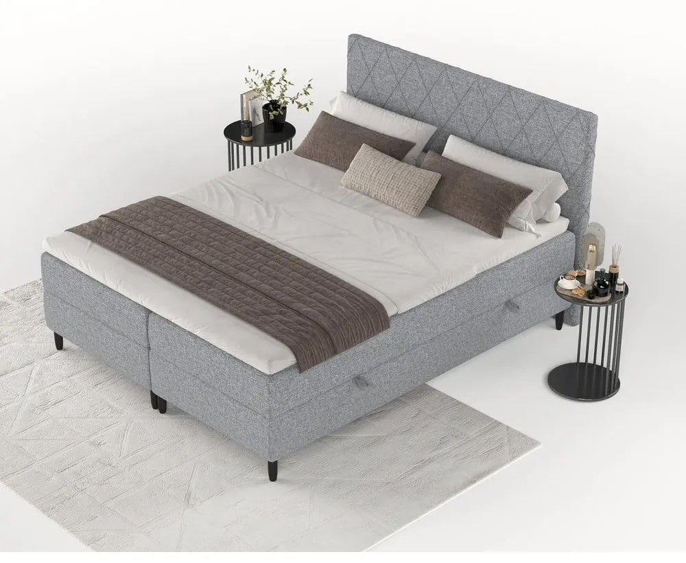 Szare łóżko boxspring ze schowkiem 180x200 cm Gwen – Maison de Rêve