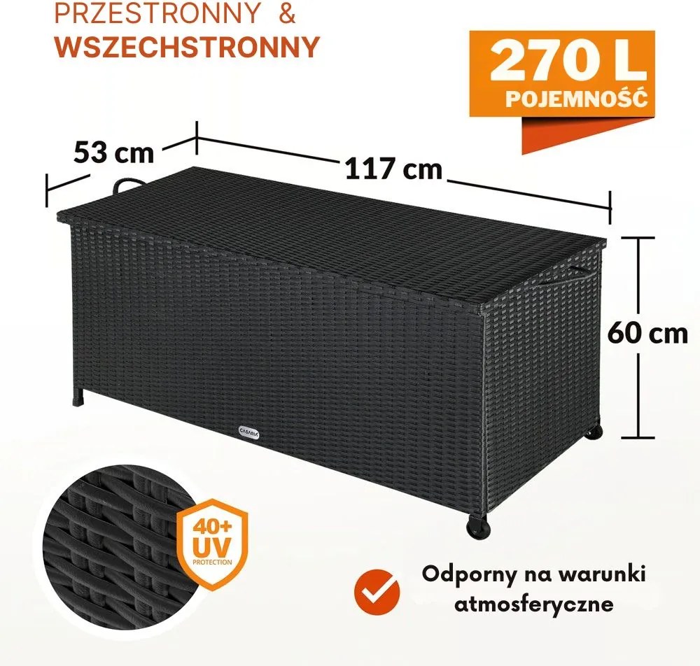 Polirattanowy pojemnik na schowek RICCO, 270L, 117x53x60cm, czarna Casaria
