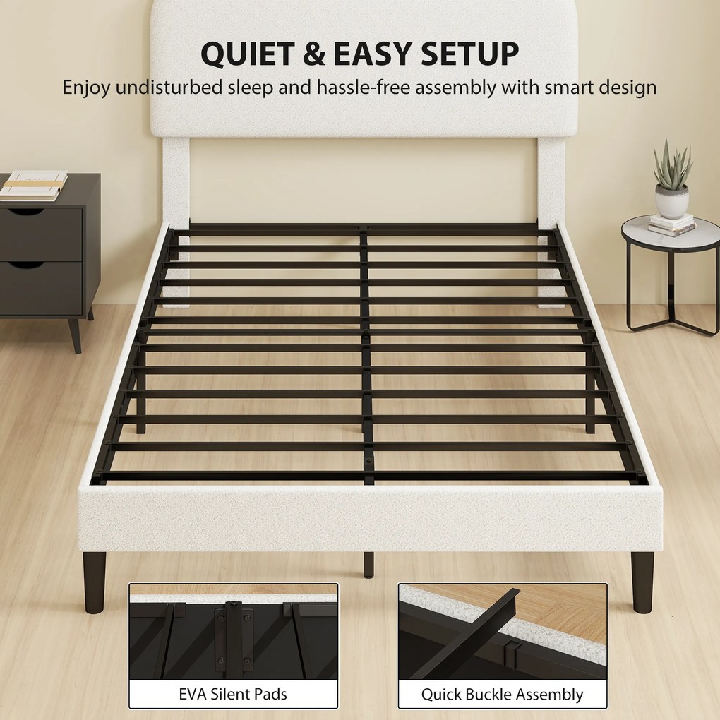 HOMCOM Rama łóżka jednoosobowego z zagłówkiem obitym Teddy-Fleece, metalowa rama łóżka, łatwy montaż, biały | Aosom PL