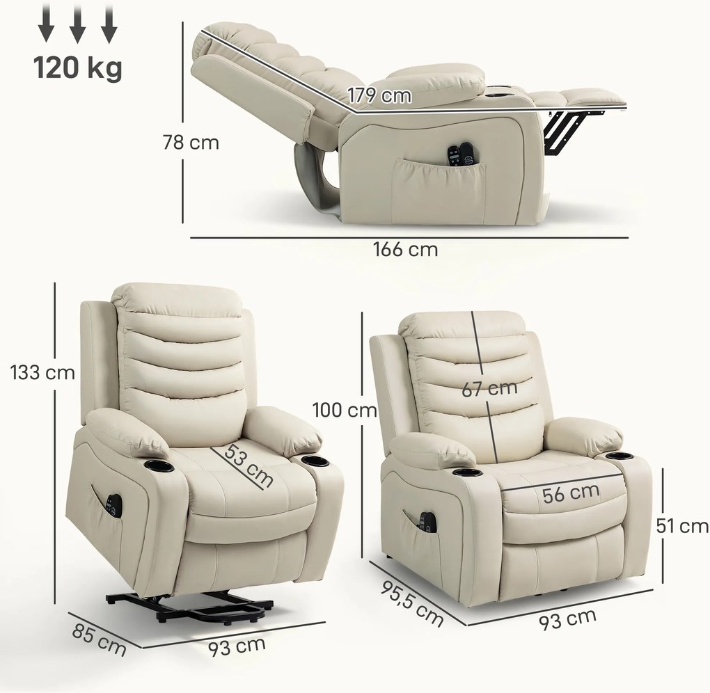 HOMCOM Fotel telewizyjny z elektrycznym podnoszeniem, masażem, podgrzewaniem, USB, kremowy PU | Aosom PL