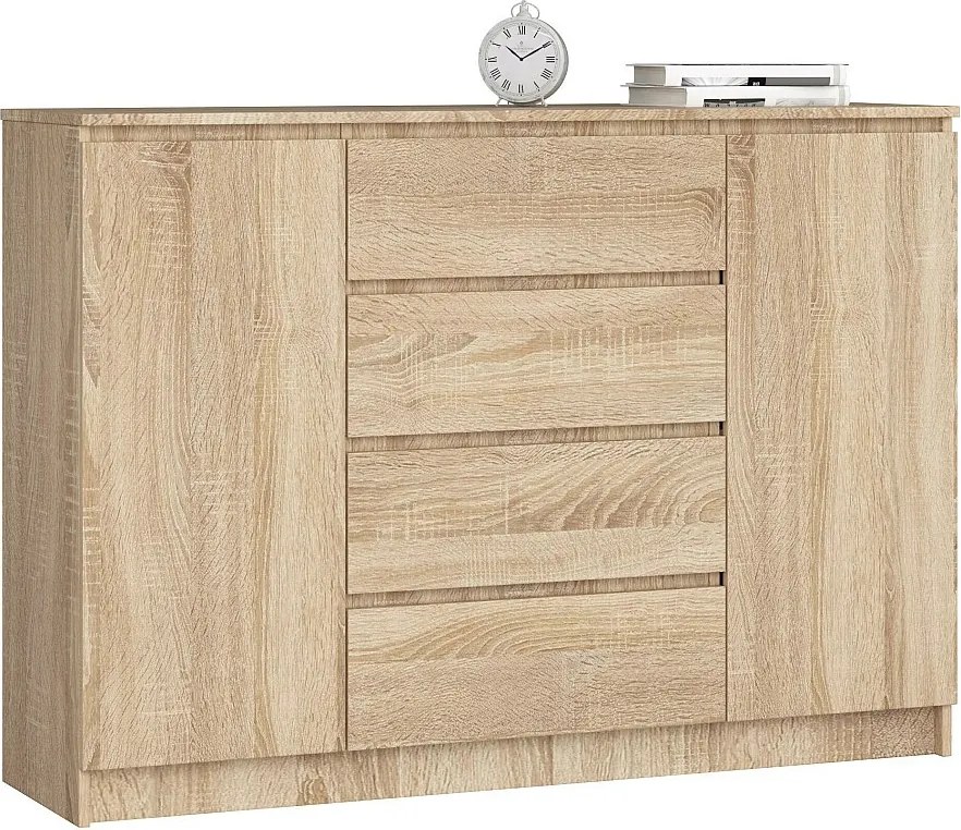 Komoda AKORD K140 Dąb Sonoma 138 cm 2 drzwi 4 szuflady kolor Dąb Sonoma mat 4 półki 138x40x99 cm