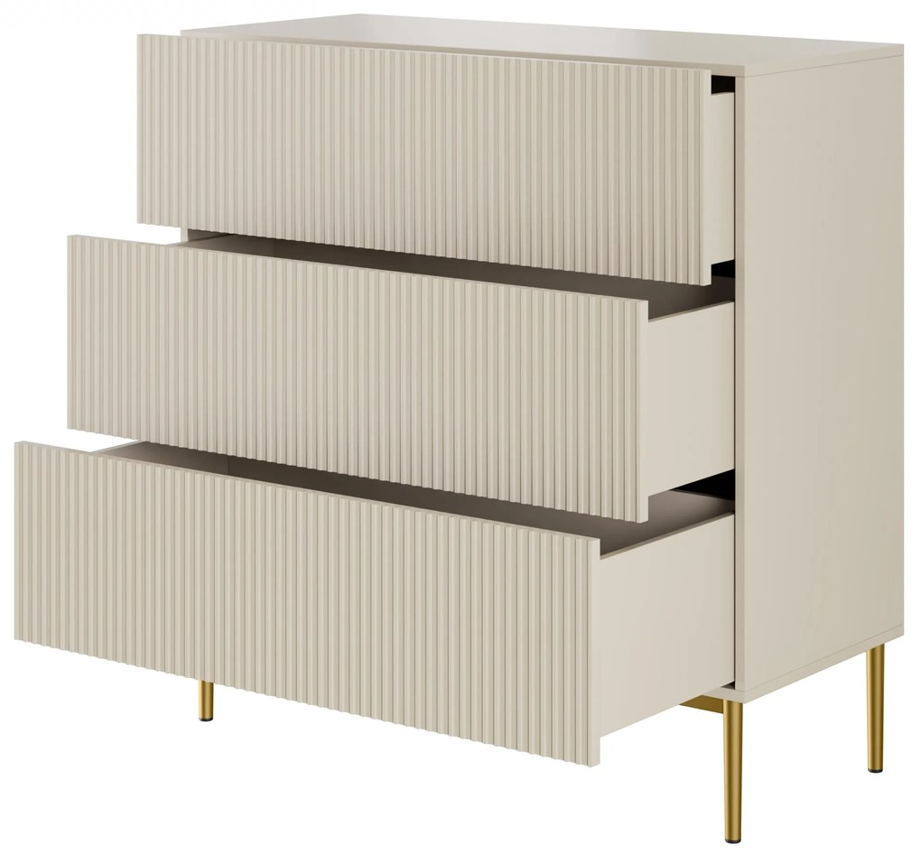 Komoda Nicole 100 cm z trzema szufladami i metalowymi nogami - kaszmir / złote nóżki