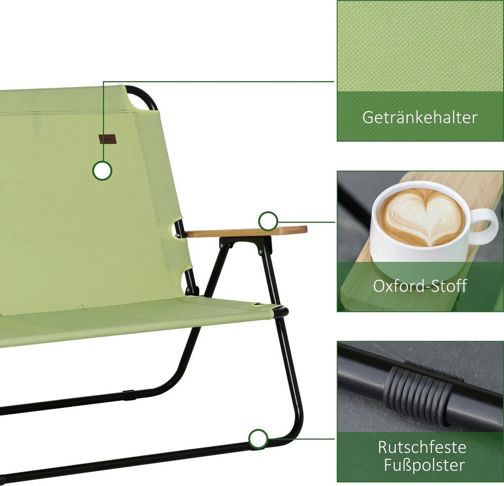 Outsunny Krzesło kempingowe dla dwóch osób, składane, z uchwytami na napoje, 141 x 67 x 80 cm, Zielony