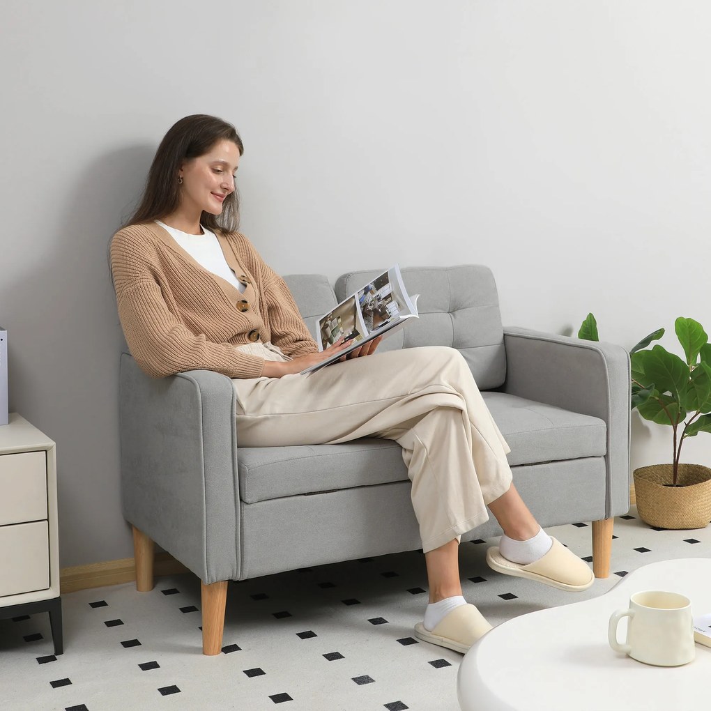 HOMCOM Sofa 2-osobowa z przestrzenią do przechowywania, Pikowana guzikami, Poduszki, Drewno kauczukowe, 117x62x78cm, Jasnoszary