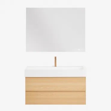 Zestaw Wiszących Mebli Łazienkowych Z Drewna I Forniru Jesionowego Zintegrowany Z Umywalką Ona Naturalna & Prostokątny Led - Sklum