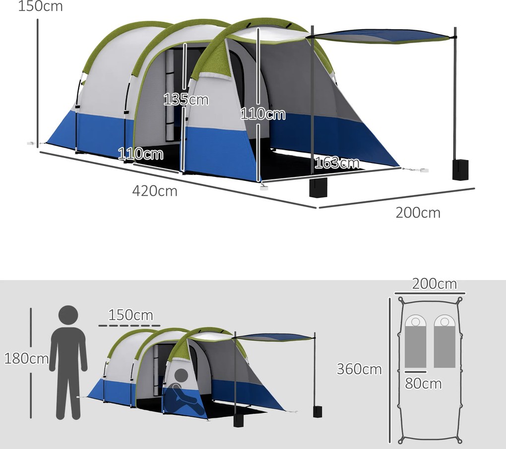 Namiot kempingowy Outsunny dla 3 osób, z hakiem na latarnię, trzema wejściami, wodoodporny, zielony