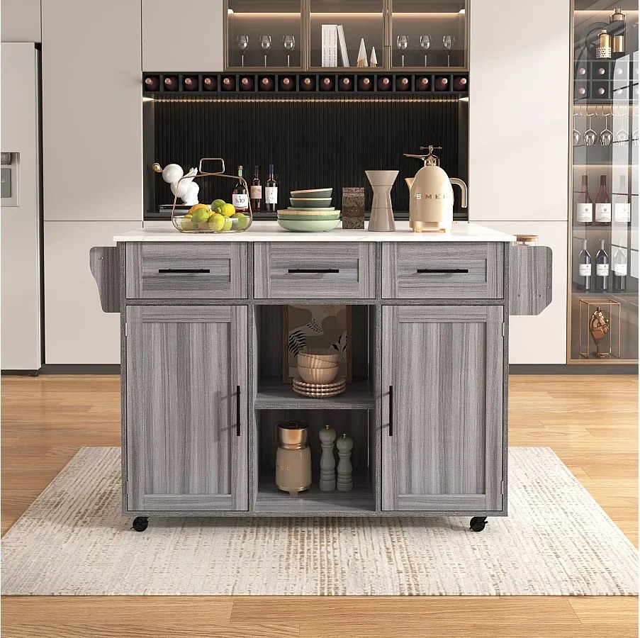 Mobilny wózek kuchenny - Szara wyspa kuchenna z 3 szufladami i 2 drzwiami - składany blat - czarne uchwyty