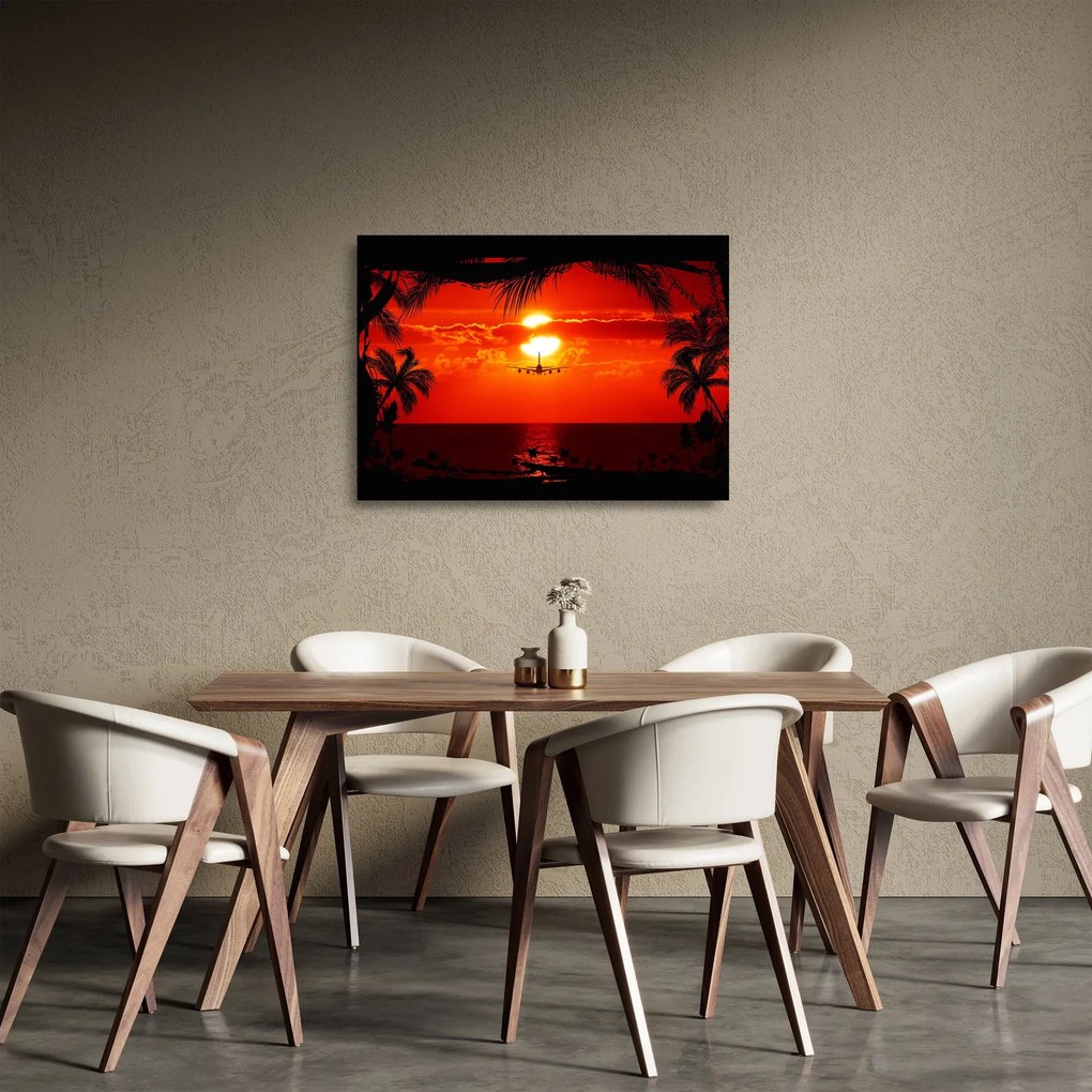 Obraz na szkle - zachód słońca z samolotem (70x50 cm)