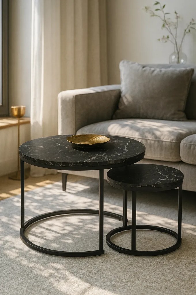 Zestaw loftowych stolików czarny kawowych marmur R5-T44