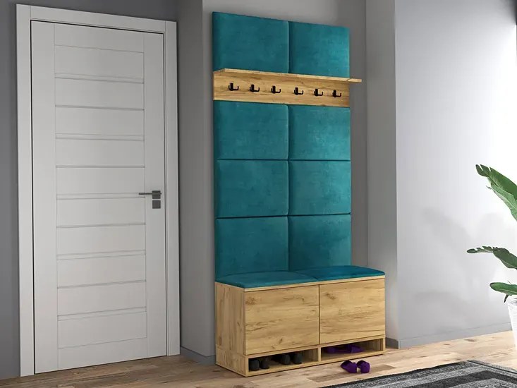 Garderoba z welurowymi panelami ściennymi dąb craft + butelkowa zieleń H3-H08