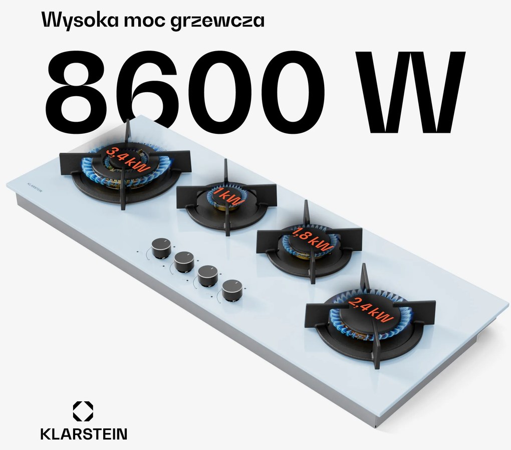 Klarstein Goldflame Slim 90cm Płyta Gazowa 4 Palniki Biały