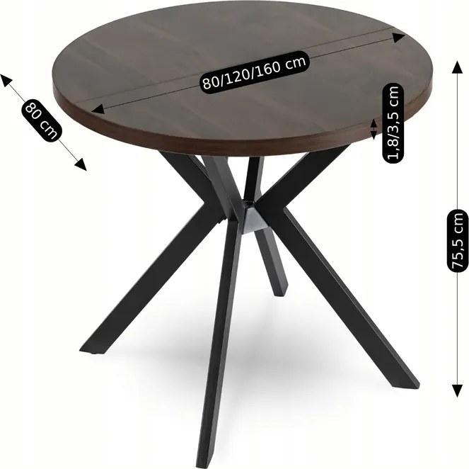 Stół Okrągły Rozkładany DORIAN 80-160 cm Orzech/Czarny Nowoczesny Loft