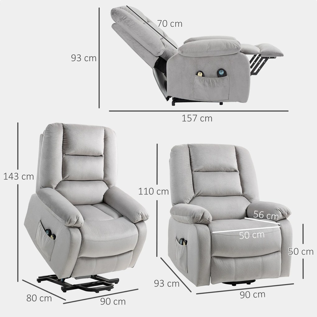 HOMCOM Fotel z Podnośnikiem z Funkcją Masażu, 90x93x110cm, Jasnoszary