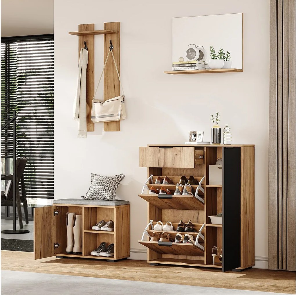 Komplet szaf przedpokojowych - 140 x 35 x 139 cm - z ławką i szafką na buty + 1 lustro + półka ścienna - płyta wiórowa - kolor naturalny + czarny