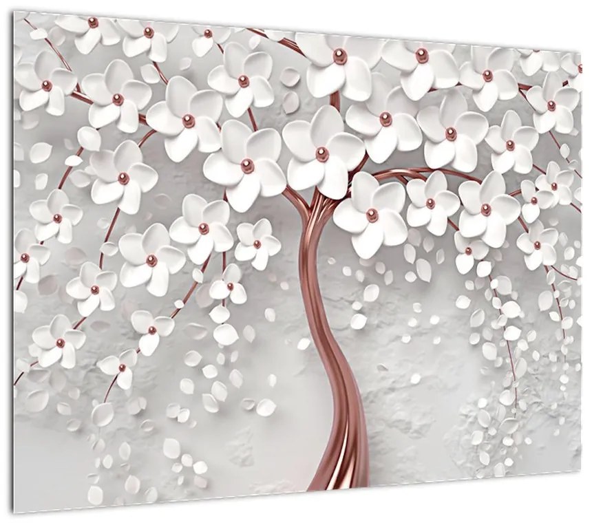 Obraz - Obraz białego drzewa z kwiatami, rosegold (70x50 cm)