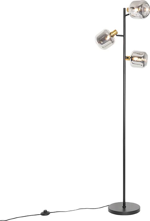 Lampa podłogowa czarna ze złotem i przydymionym szkłem 3-światła - Zuzanna