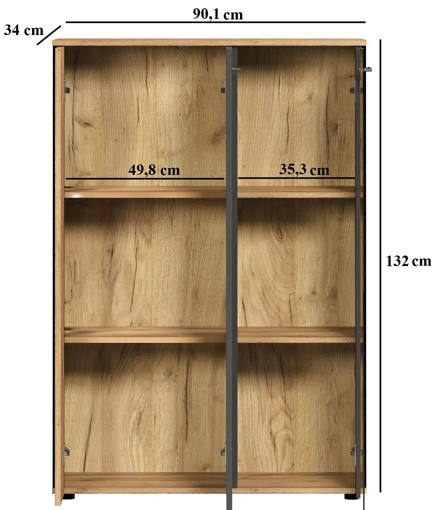 Niska witryna nowoczesna do salonu z lamelami grafit + dąb evok A2-D81