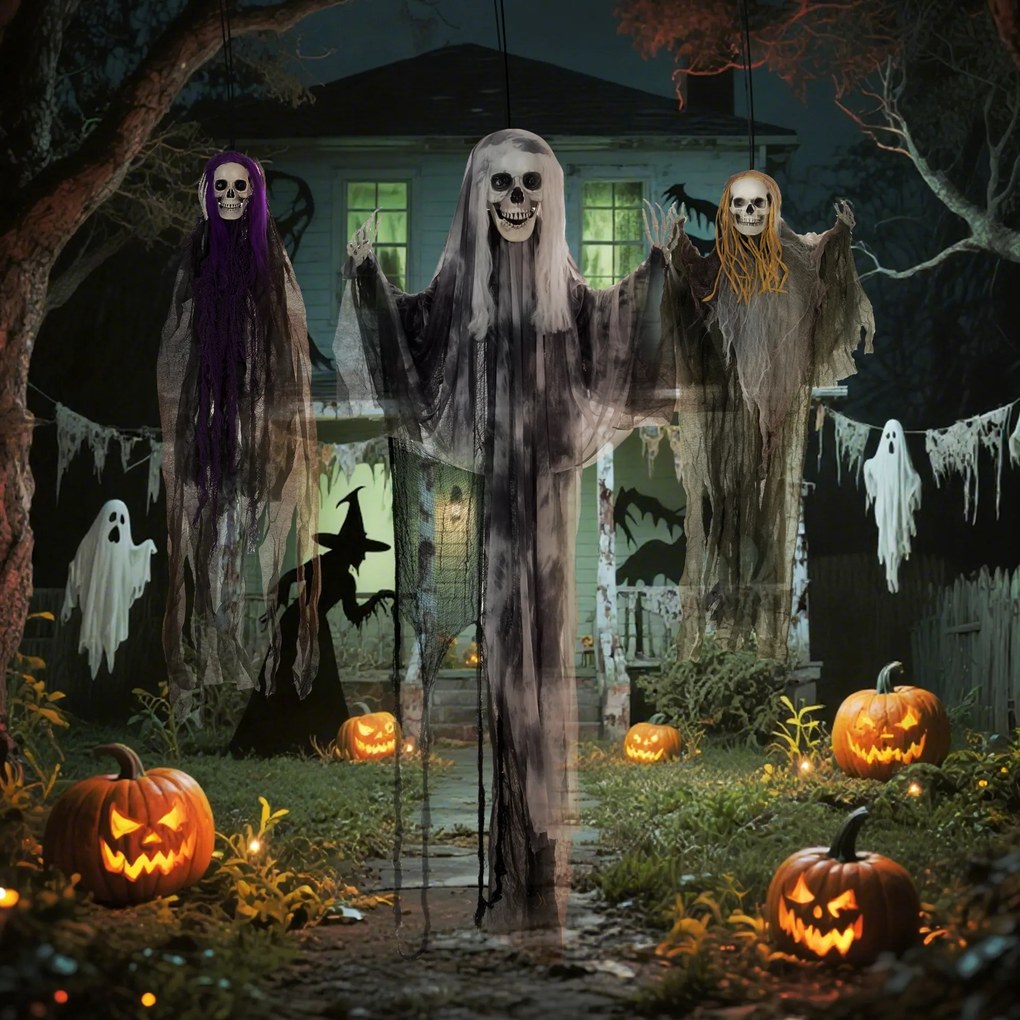 HOMCOM Wiszące Duchy-Szkielety, Zestaw 3 szt., Dekoracja na Halloween, Regulowane Ramiona, 150cm