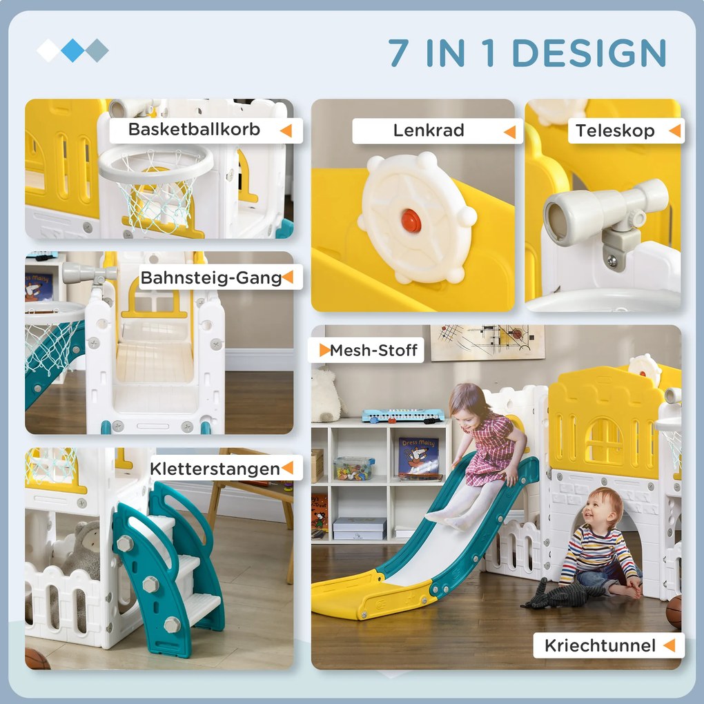 AIYAPLAY Poślizg dla dzieci, 7-w-1 plac zabaw, z koszem i kierownicą, dla dzieci 1-3 lata, 178x177x99cm, Żółty/Biały/Zielony