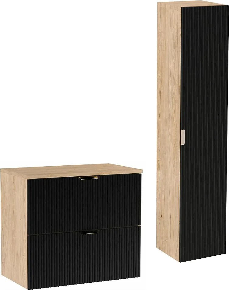 Zestaw Łazienkowy 80cm Szafka Blat Słupek Ryflowane Fronty Czarny / Dąb Orzech